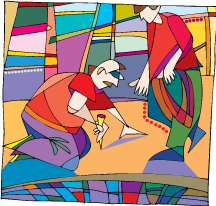 Abstract painting of two workers renovating a room.