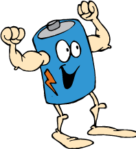 A cartoon of a battery with muscular arms signifying that it's fully charged.